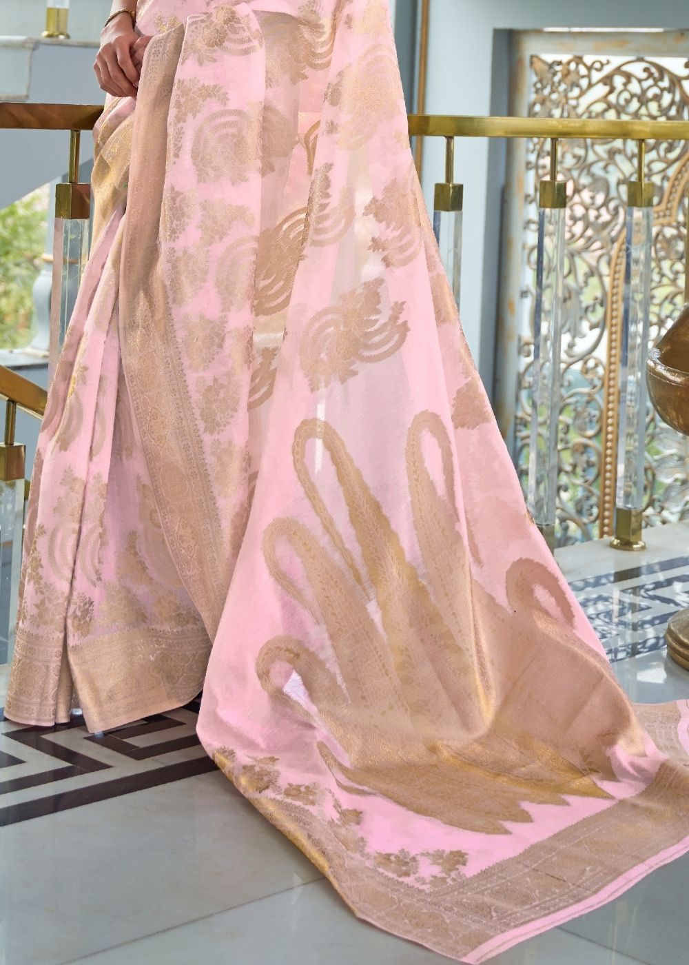 Flamingo Pink Zari Woven Designer Silk Saree
