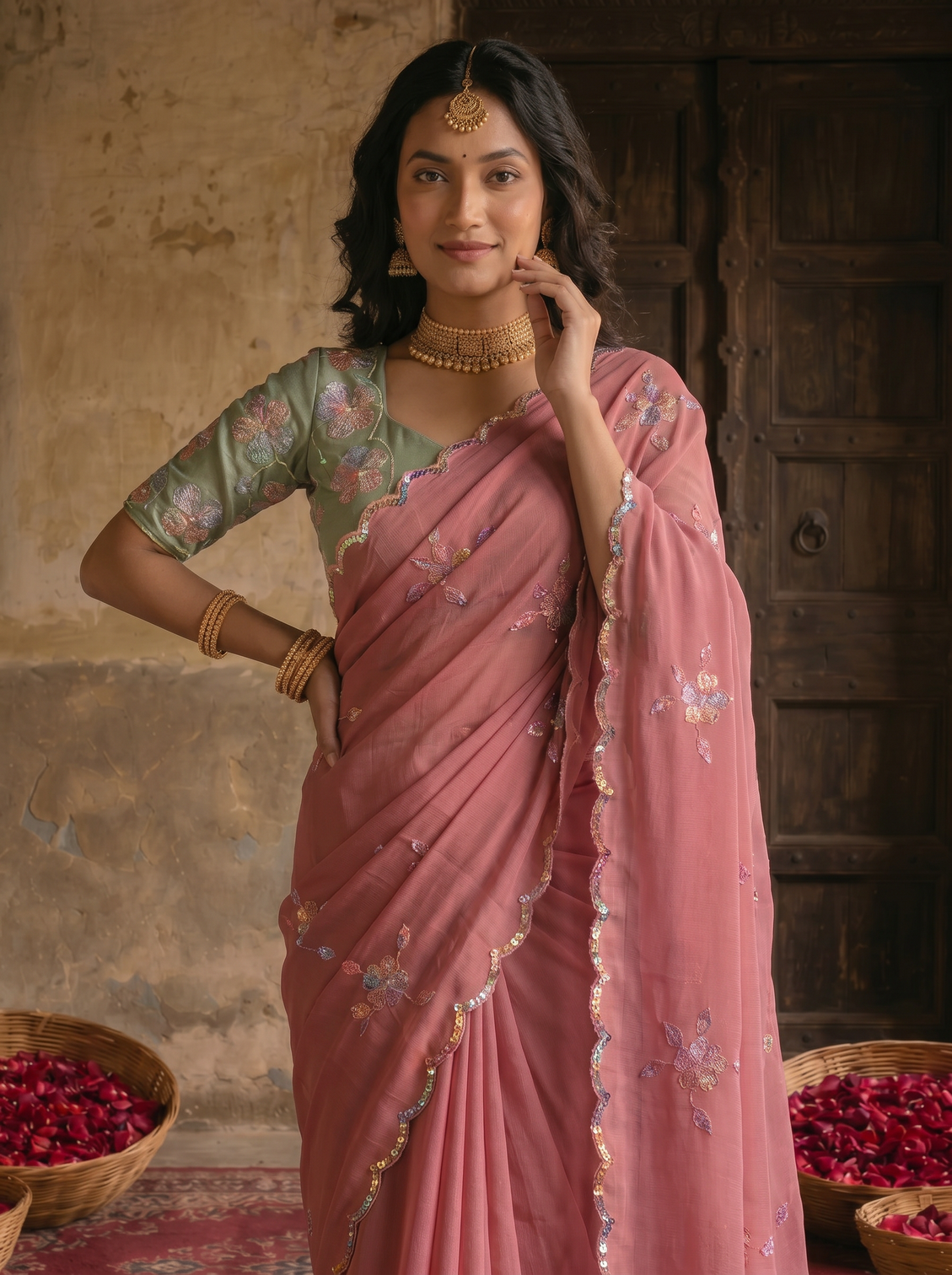 Dusty rose pink georgette embroidered saree with floral sequin work contrast designer blouse
