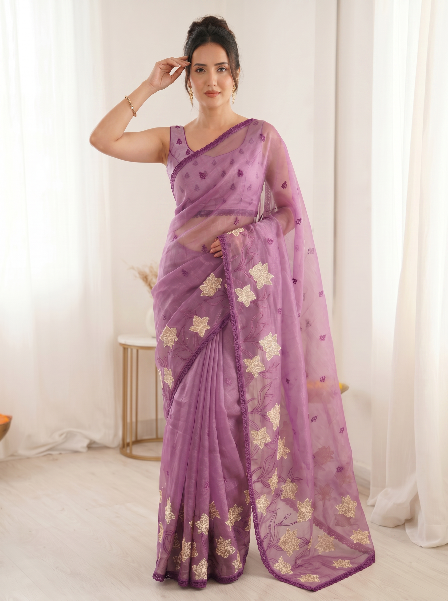 Pink Pure Oris Silk Saree with Embroidered Lotus Buttis & Applique Border