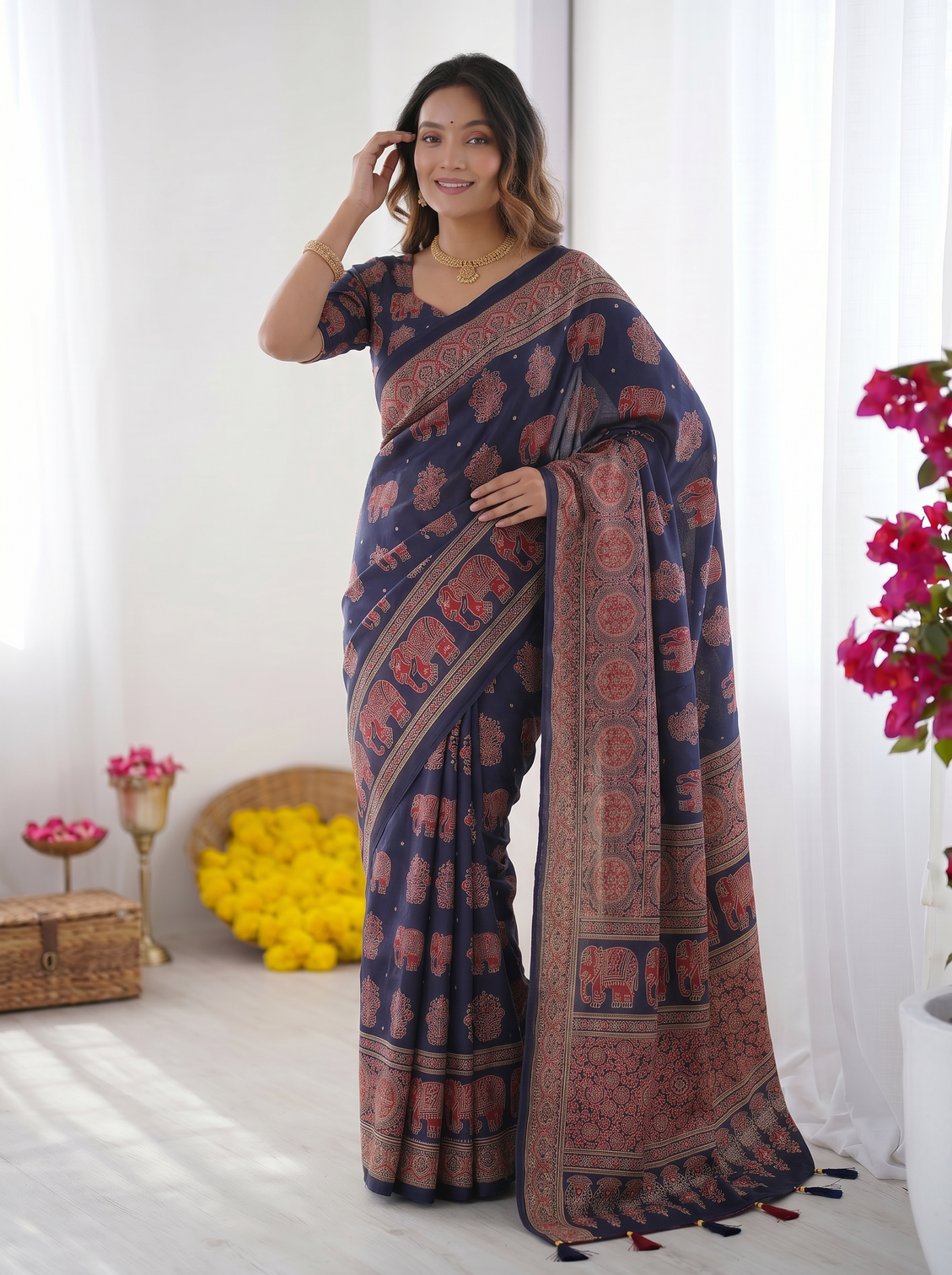 Navy blue modal silk saree with elephant motif ajrakh print heritage designer pallu traditional festive wear saree