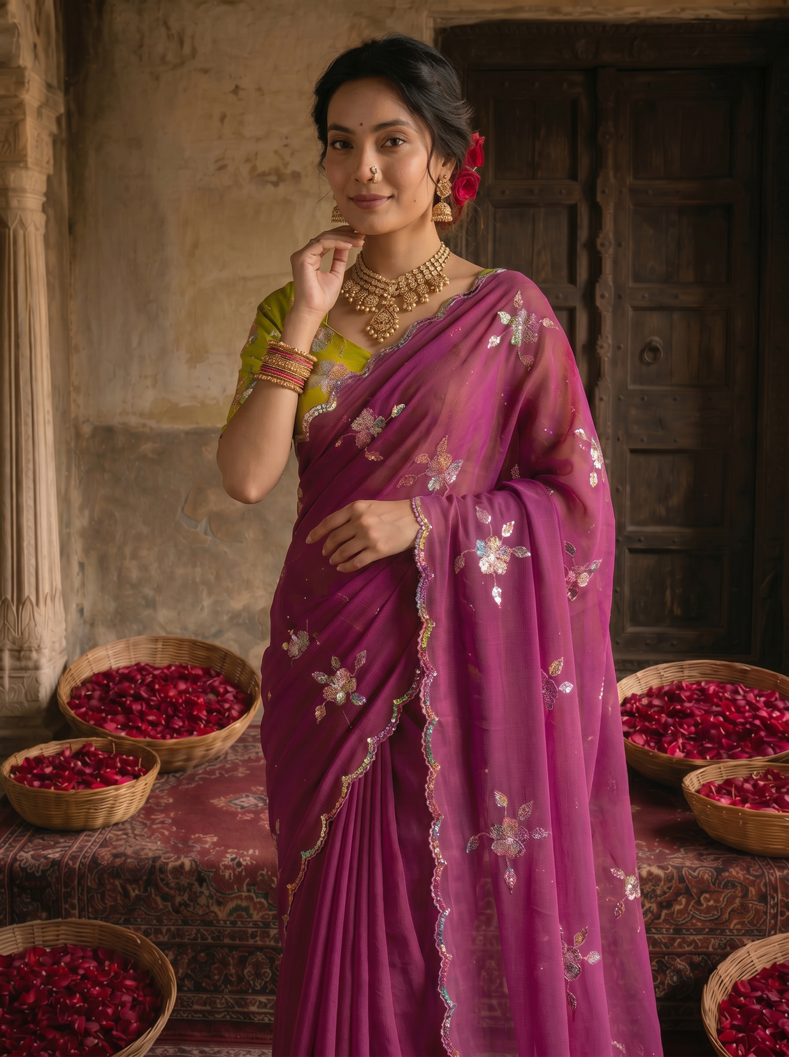 Magenta purple georgette embroidered saree with floral sequin work contrast lime green blouse