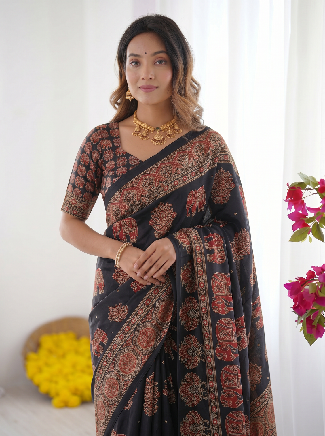 Black modal silk saree with elephant motif ajrakh print heritage designer pallu traditional festive wear saree