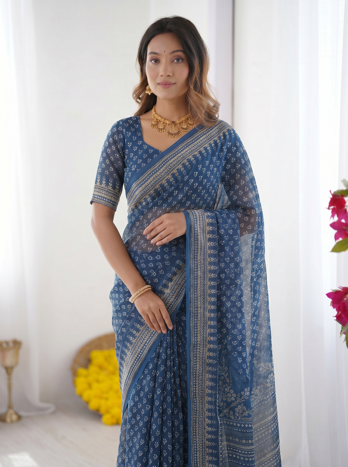 Steel blue modal silk saree with delicate floral butti prints traditional heritage border elegant designer pallu