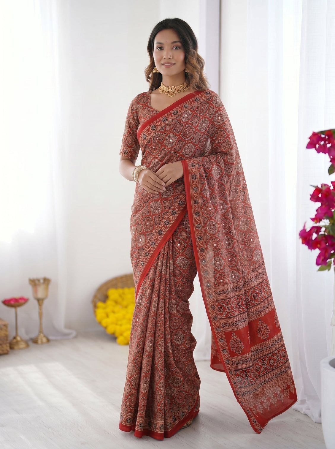 Rustic brick red modal silk saree with heritage geometric motifs traditional designer border artistic pallu