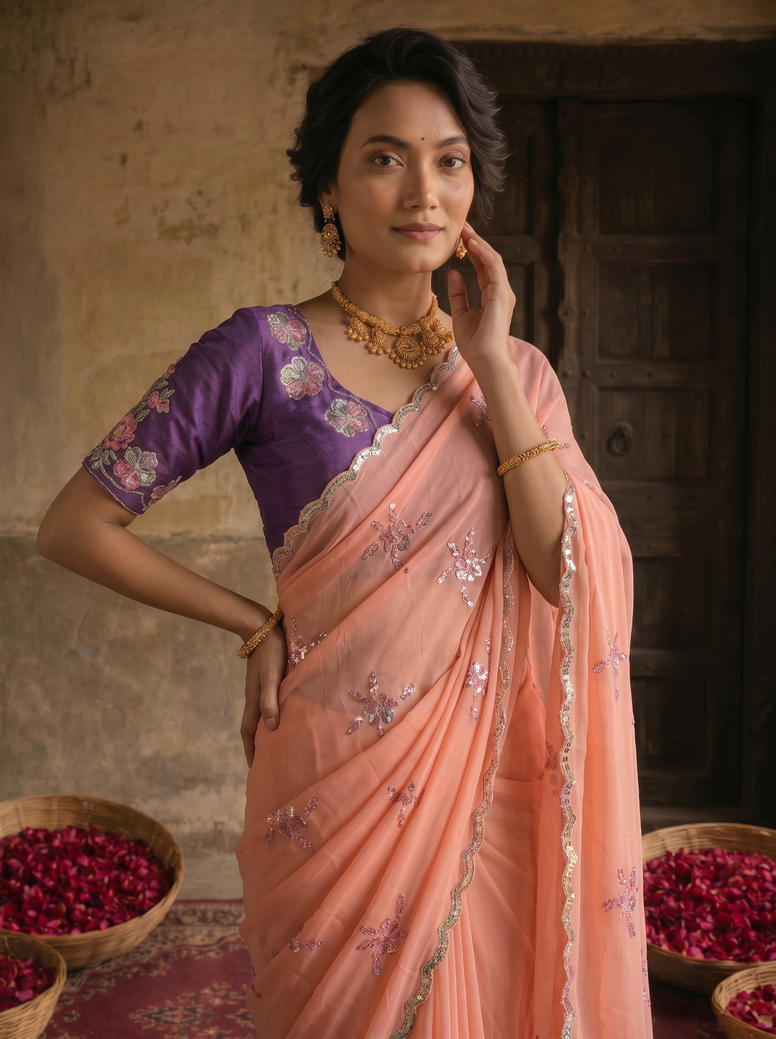Peach pink georgette embroidered saree with floral sequin work contrast purple blouse