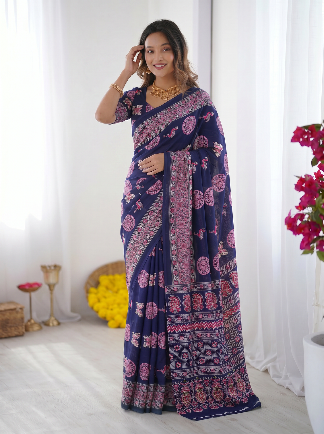 Navy blue modal silk saree with paisley circular motif print designer heritage pallu saree for festive wear