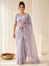 Lavender Pure Raspberry Crush Silk Saree with Lucknowi Embroidery