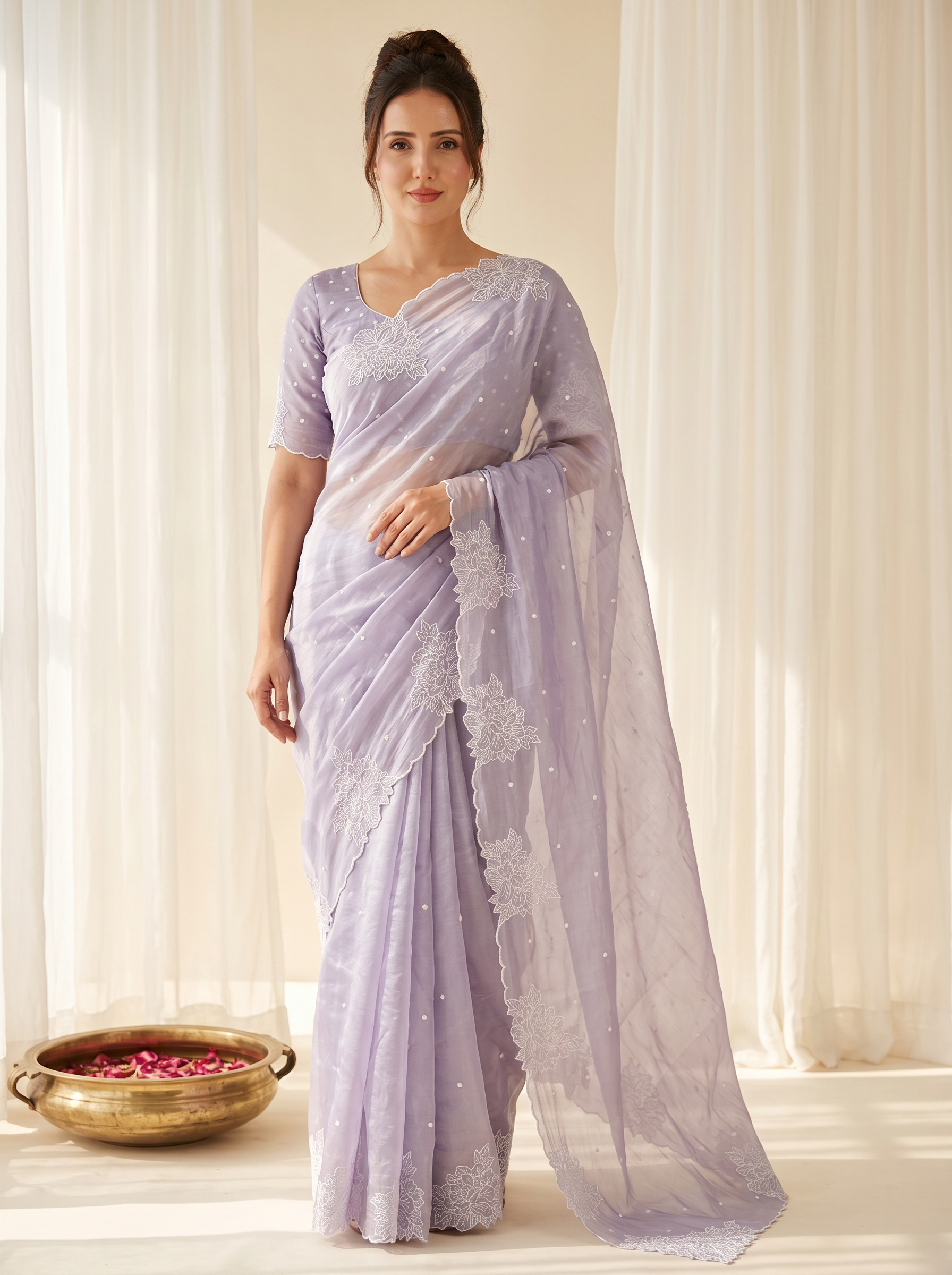 Lavender Pure Raspberry Crush Silk Saree with Lucknowi Embroidery