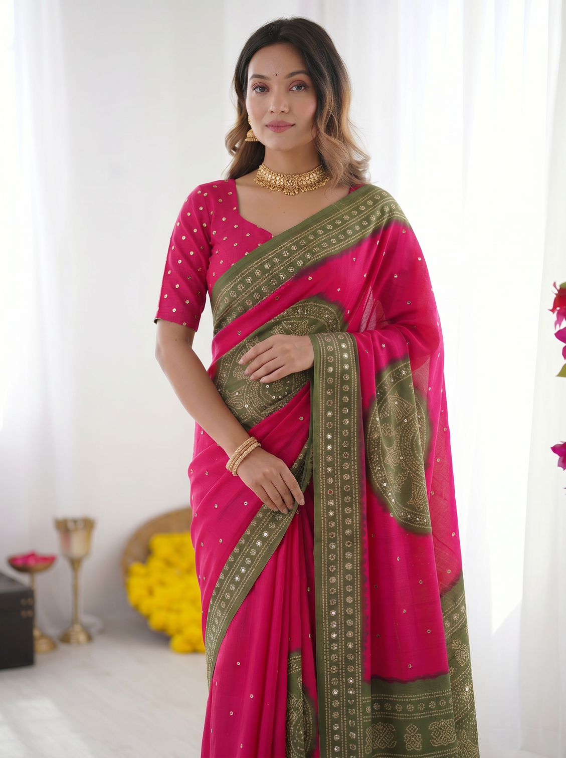 Rani pink olive green bandhani inspired modal silk saree with traditional folk print pallu stone embellishments