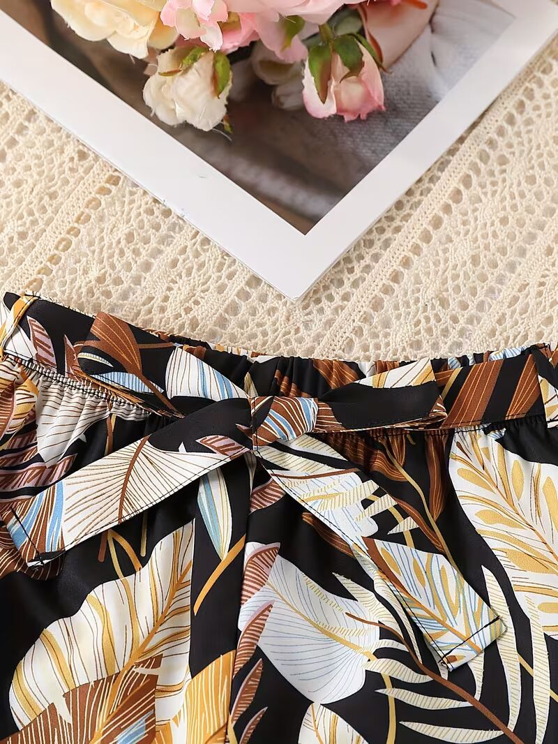 Girls Black Ribbed Sleeveless Crop Top & Tropical Leaf Print Pants Set