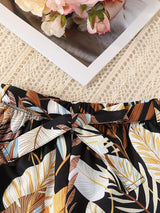 Girls Black Ribbed Sleeveless Crop Top & Tropical Leaf Print Pants Set