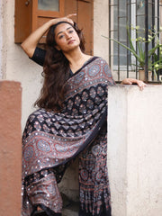 Black ajrakh printed modal silk saree with tassels attached blouse traditional ethnic festive wear saree mameraa