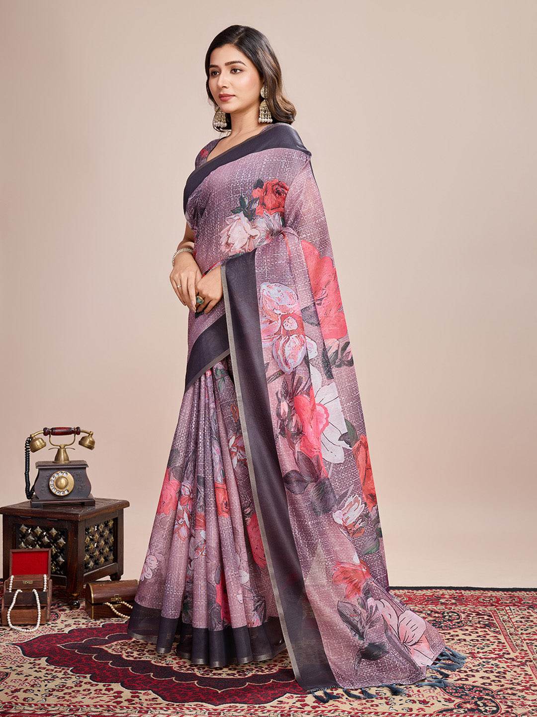 Black Linen Blend Saree With Blouse Piece