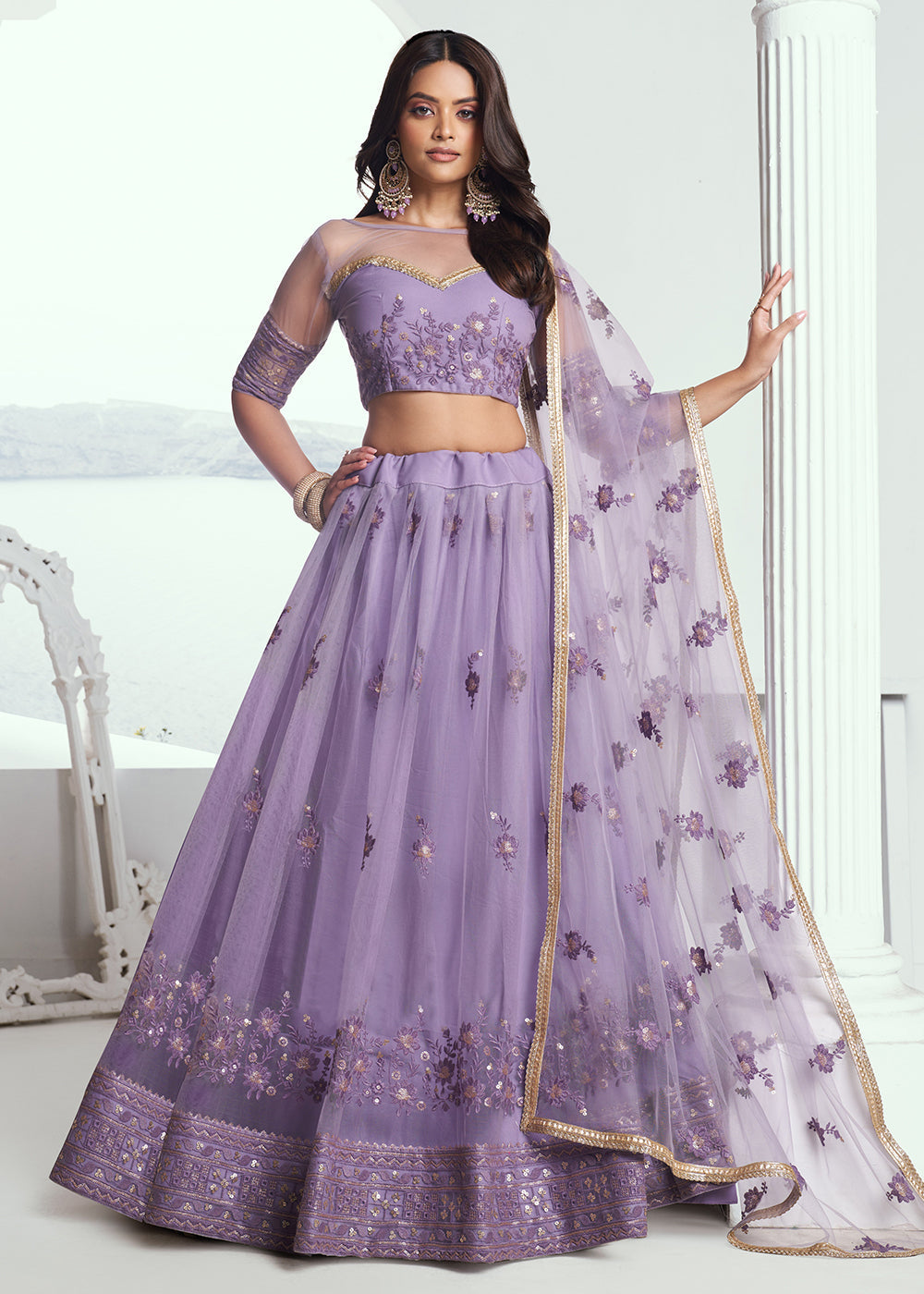 Fabulous Lavender Net Embroidered Wedding Lehenga Choli