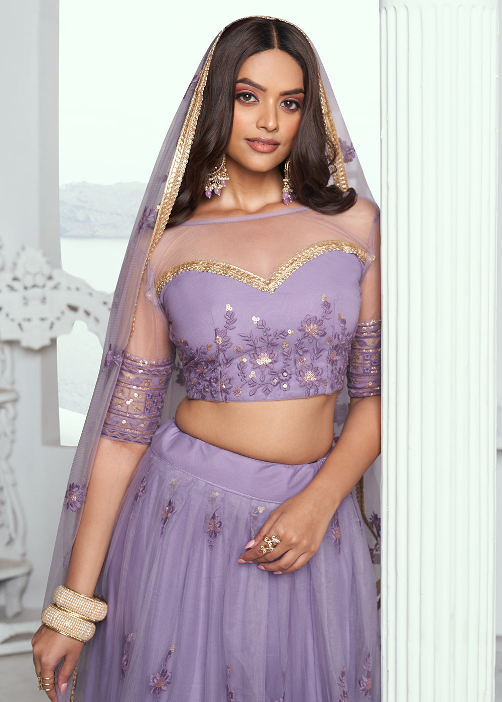 Fabulous Lavender Net Embroidered Wedding Lehenga Choli