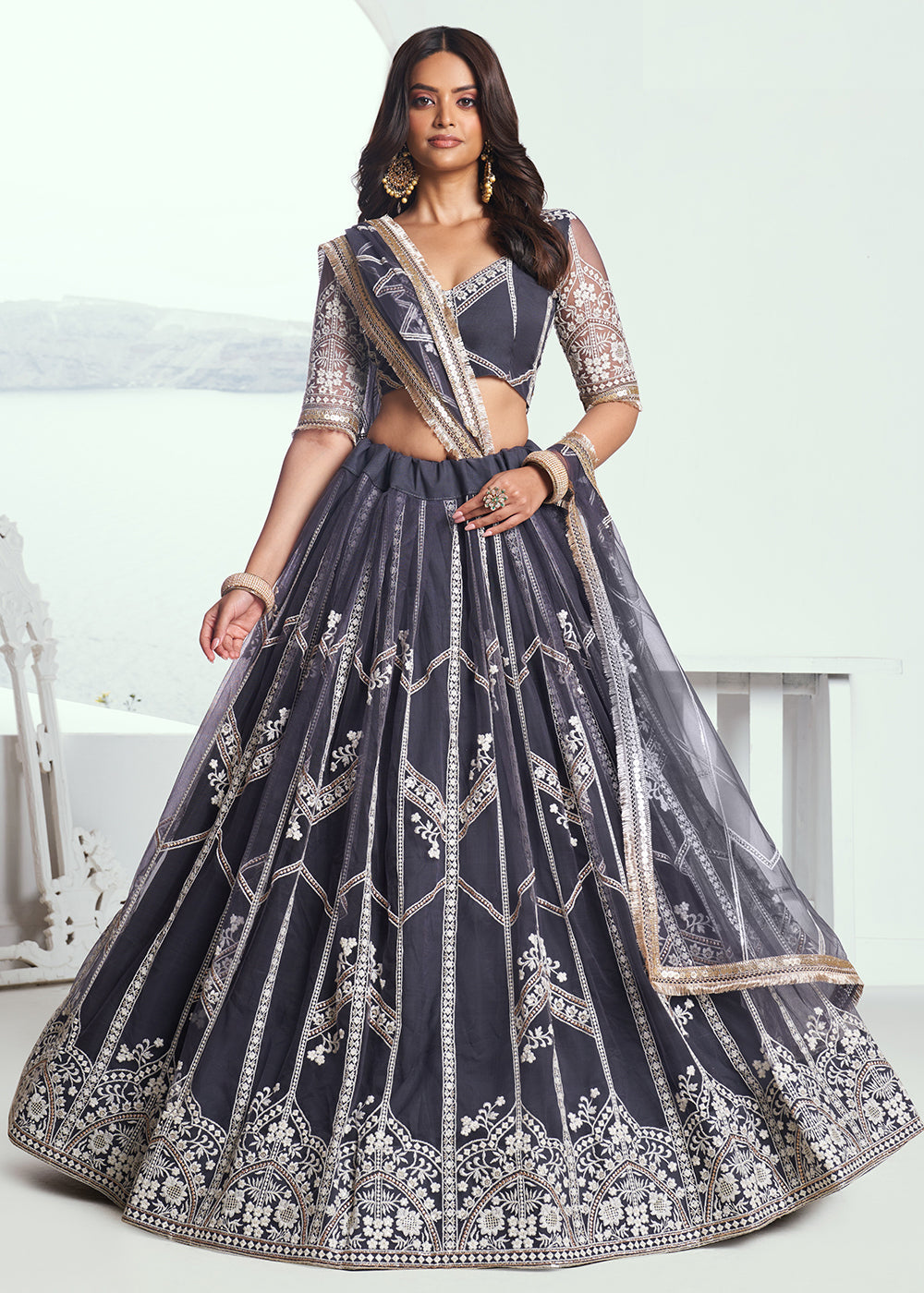 Heartwarming Dark Grey Embroidered Wedding  Lehenga Choli