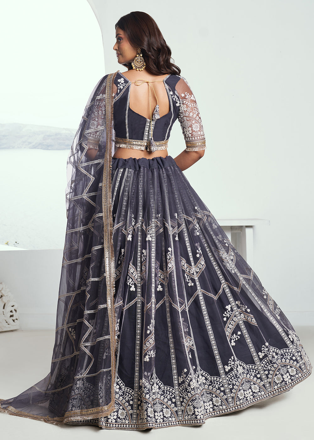 Heartwarming Dark Grey Embroidered Wedding  Lehenga Choli