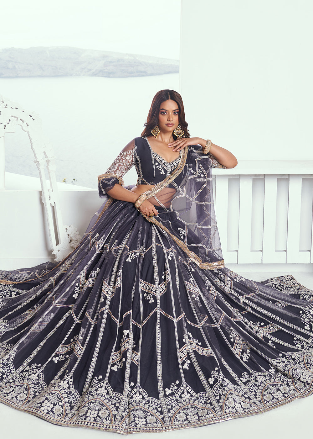 Heartwarming Dark Grey Embroidered Wedding  Lehenga Choli