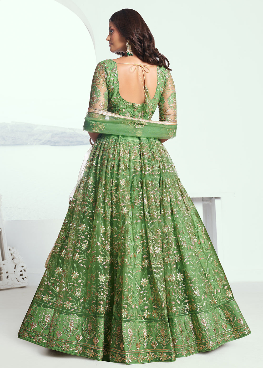 Superb Embroidered Net Pista Green Wedding Lehenga Choli