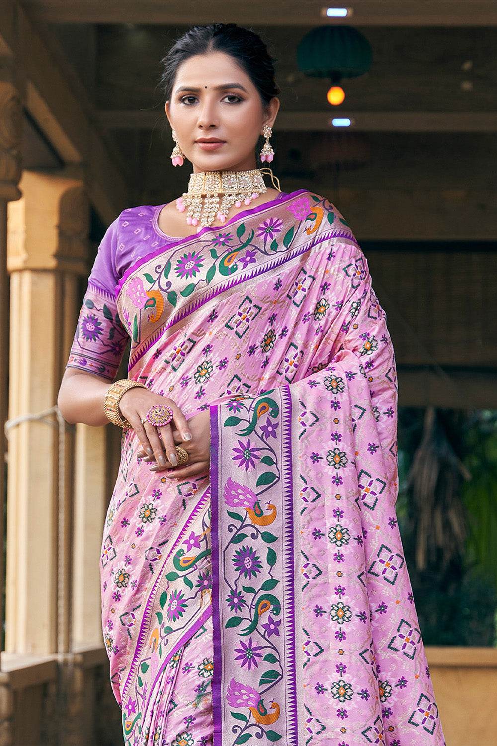 Pink Patola Silk Blend Saree With Blouse Piece Pink