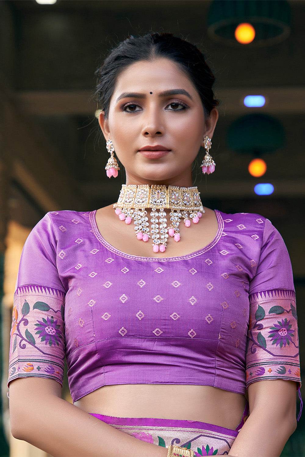 Pink Patola Silk Blend Saree With Blouse Piece