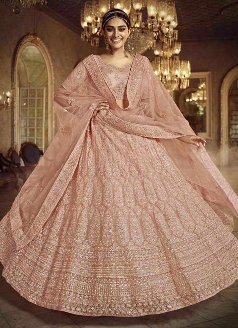 Decent Peach Zarkan Dori Soft Net Lehenga Choli Set
