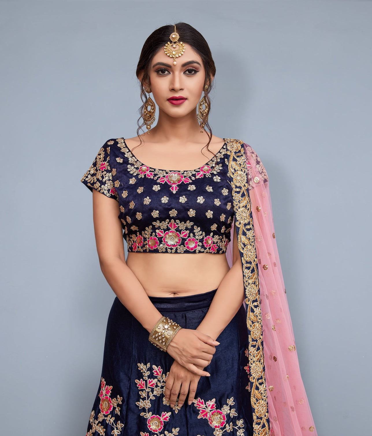 Velvet Silk Lehenga Choli Navy Blue Color With Embroidered