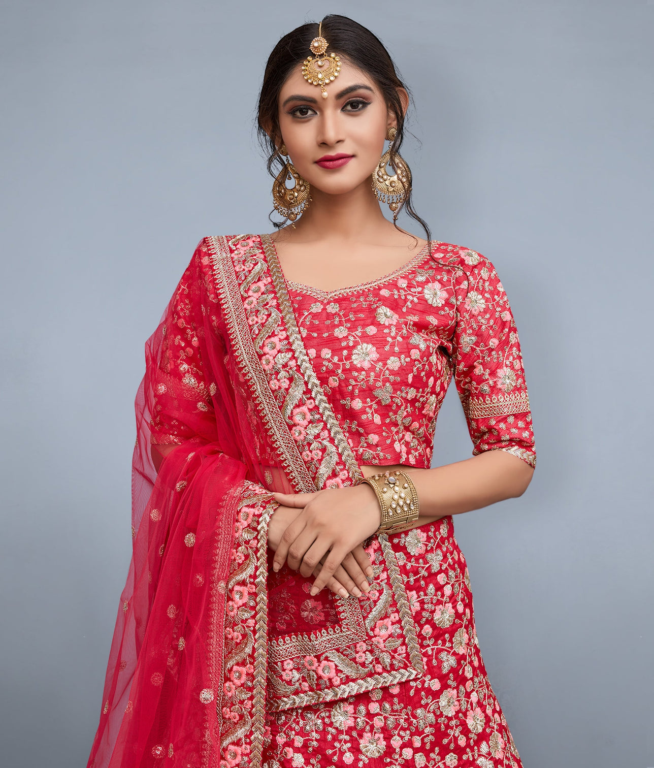 Rose-Pink Art Silk Lehenga Choli With Mughal Motif Stone Dori Work And Designer Dupatta