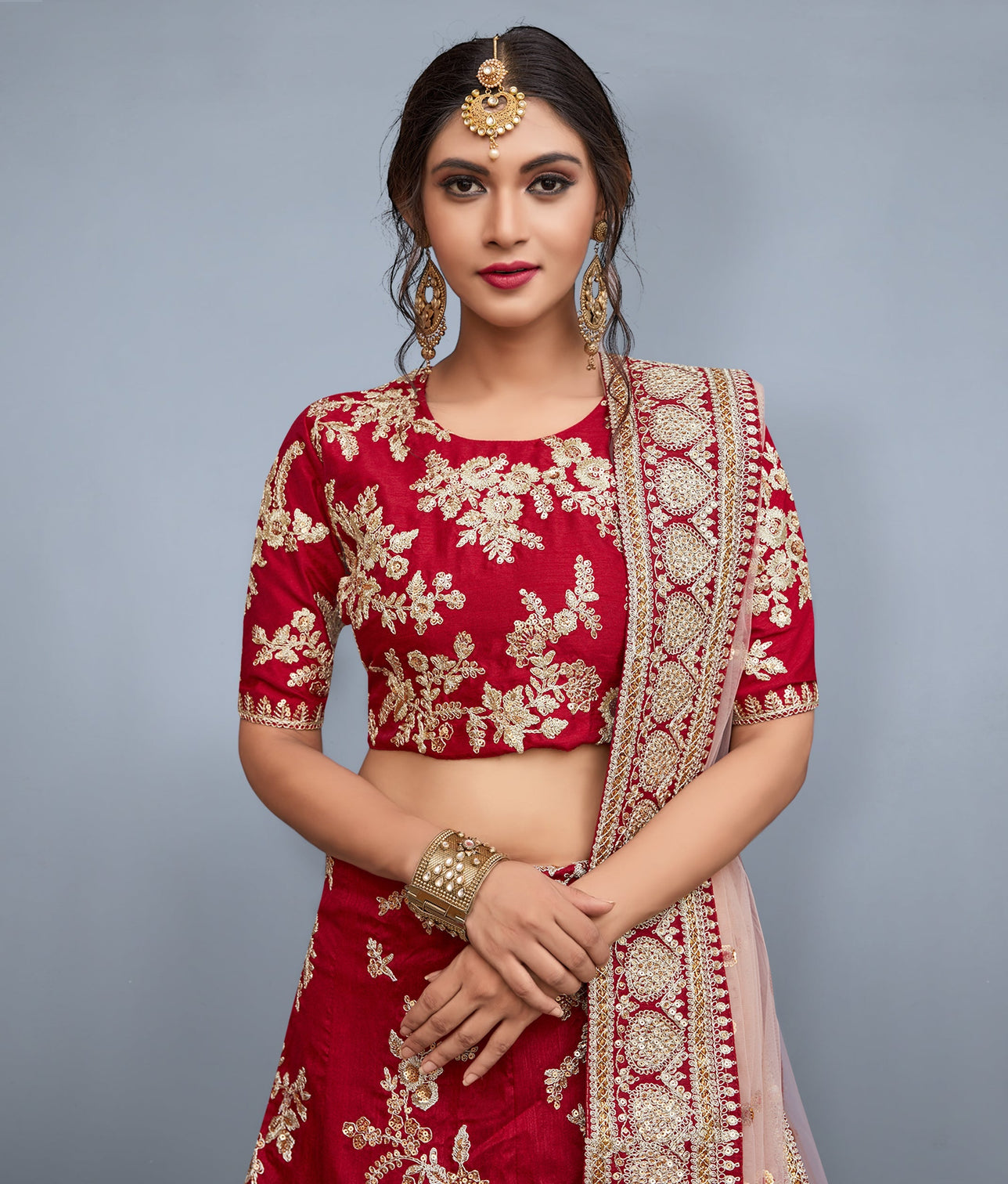 Garnet-Red Art Silk Designer Lehenga Choli With All Over Zari Sequin Work And Soft Net Dupatta
