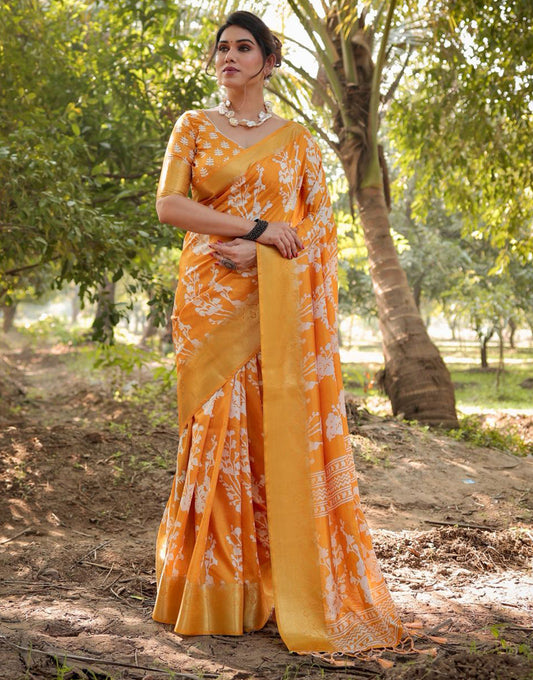 Yellow Silk Saree With Digital Printed Work