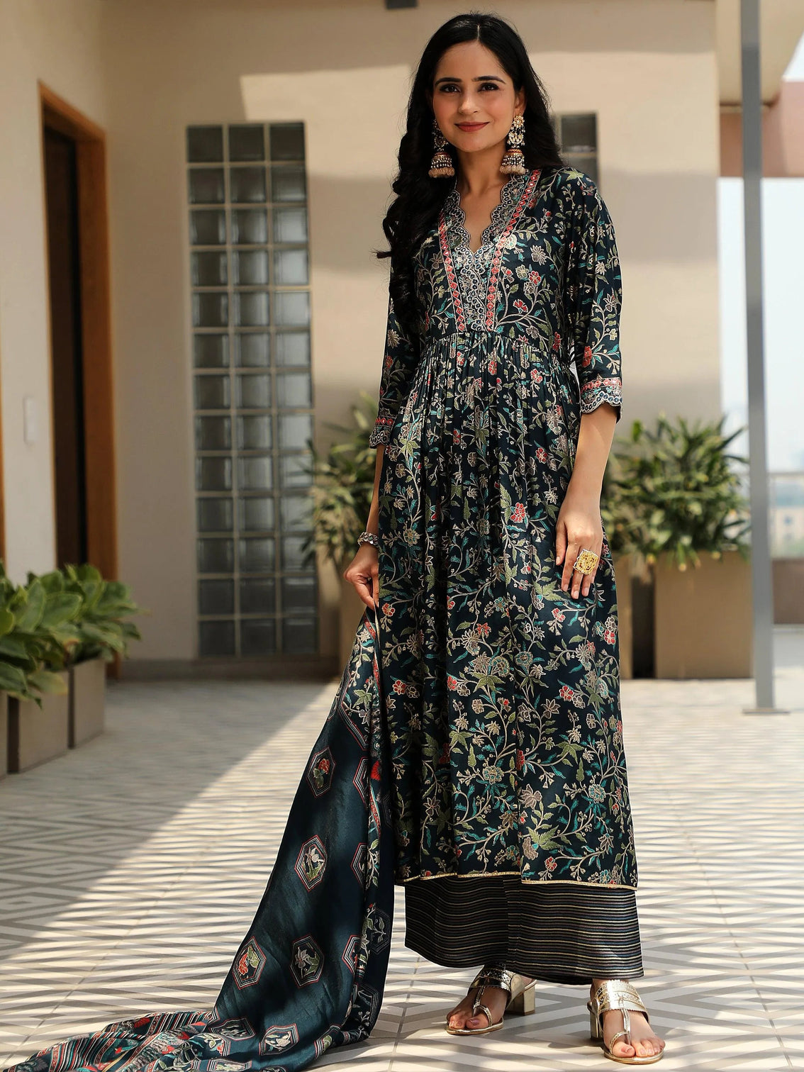 Mameraa Blue Printed Silk Blend A-Line Kurta With Palazzos & Dupatta