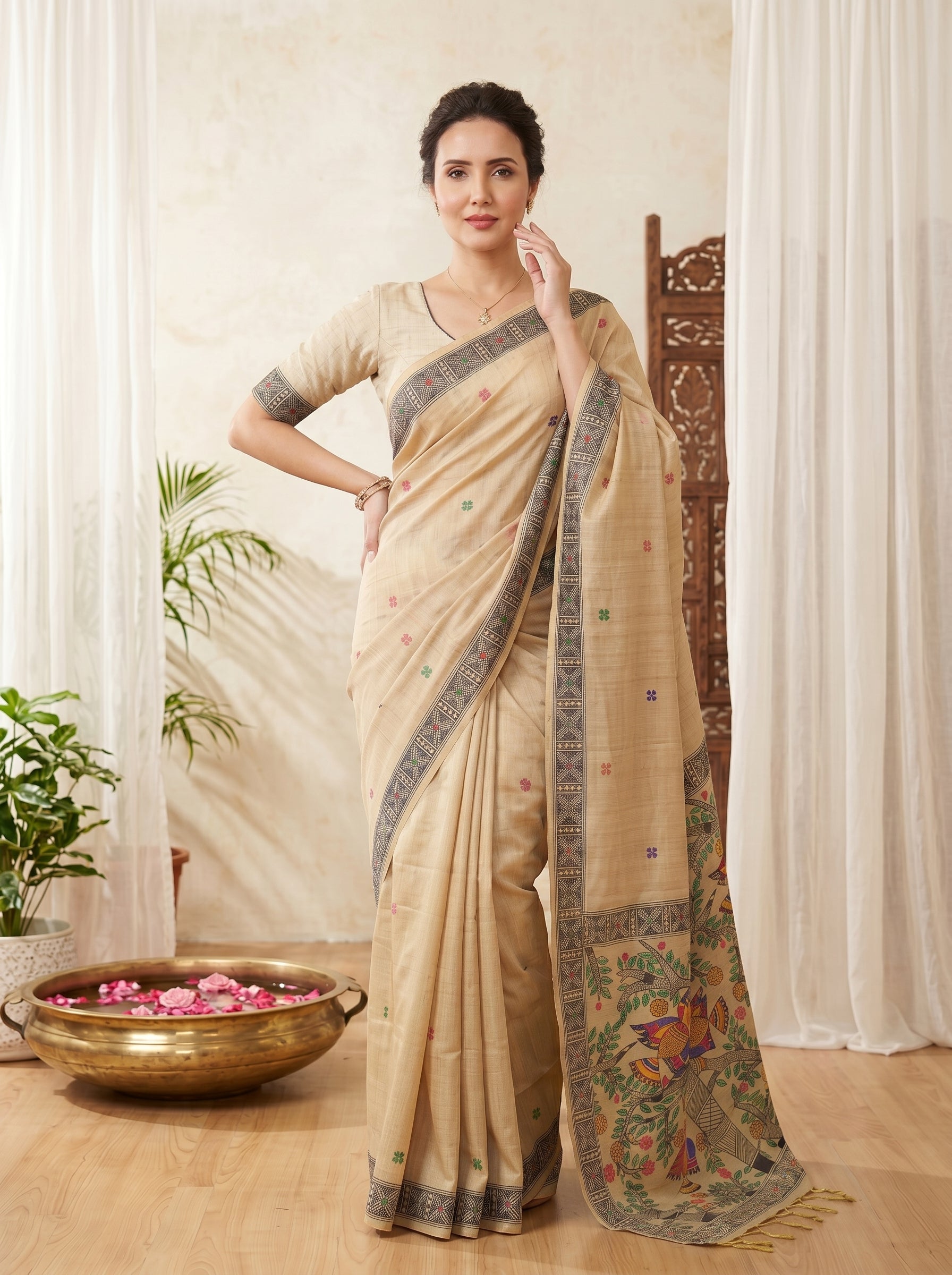 Chickoo Muga Cotton Saree For Women Madhubani Print Resham Weaving Soft Cotton Saree Traditional Handloom Saree With Blouse