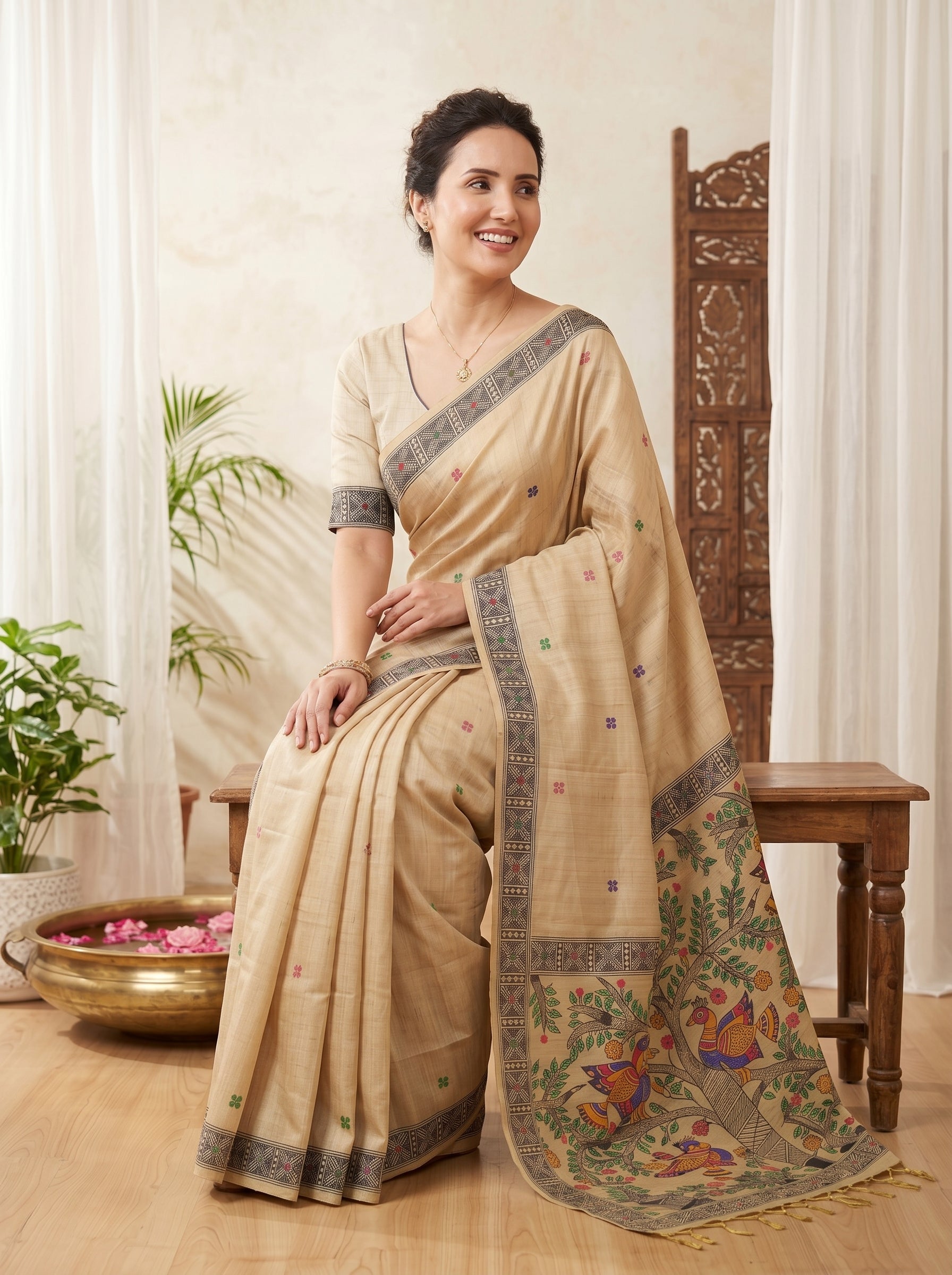 Chickoo Muga Cotton Saree For Women Madhubani Print Resham Weaving Soft Cotton Saree Traditional Handloom Saree With Blouse