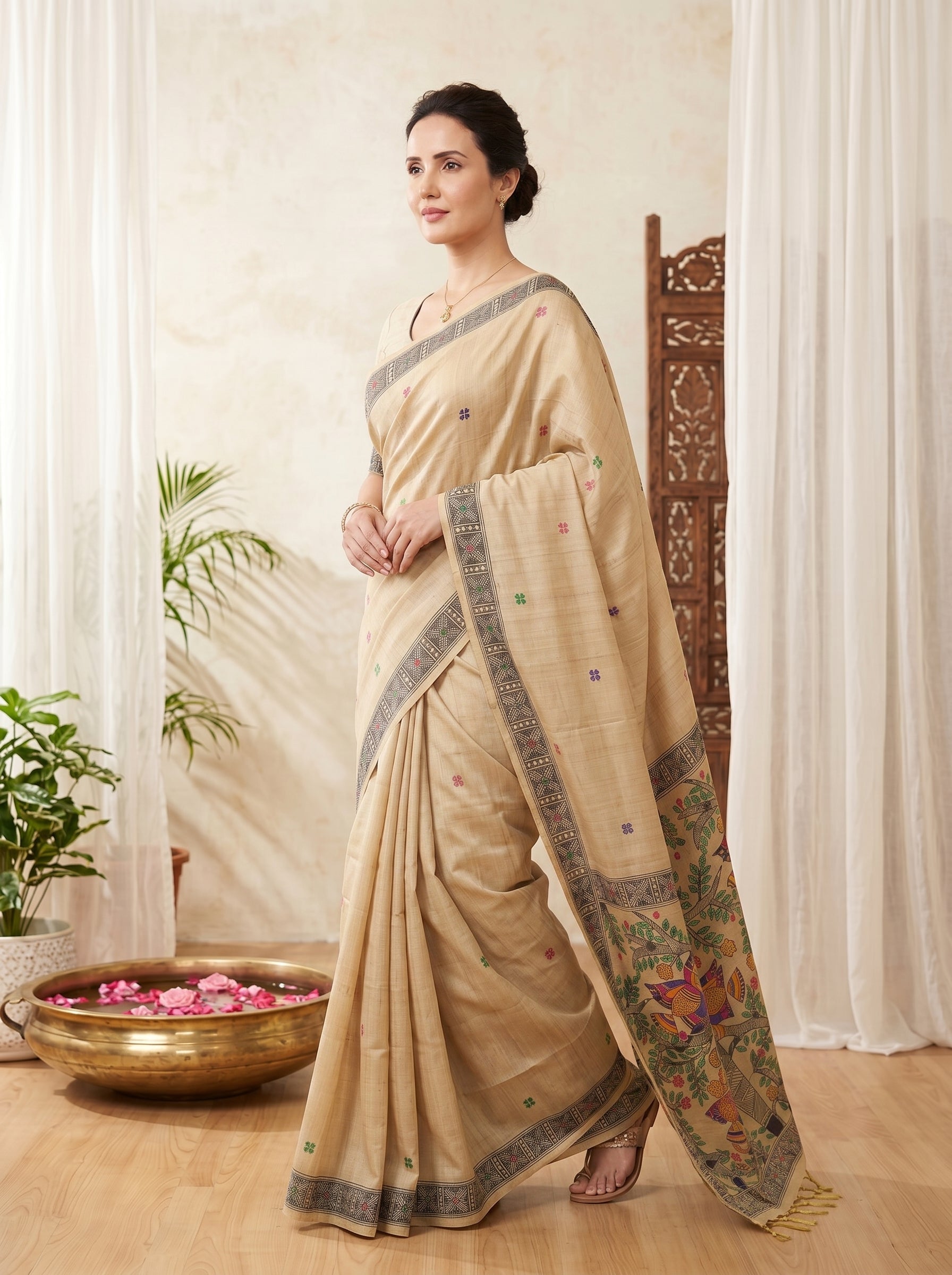 Chickoo Muga Cotton Saree For Women Madhubani Print Resham Weaving Soft Cotton Saree Traditional Handloom Saree With Blouse