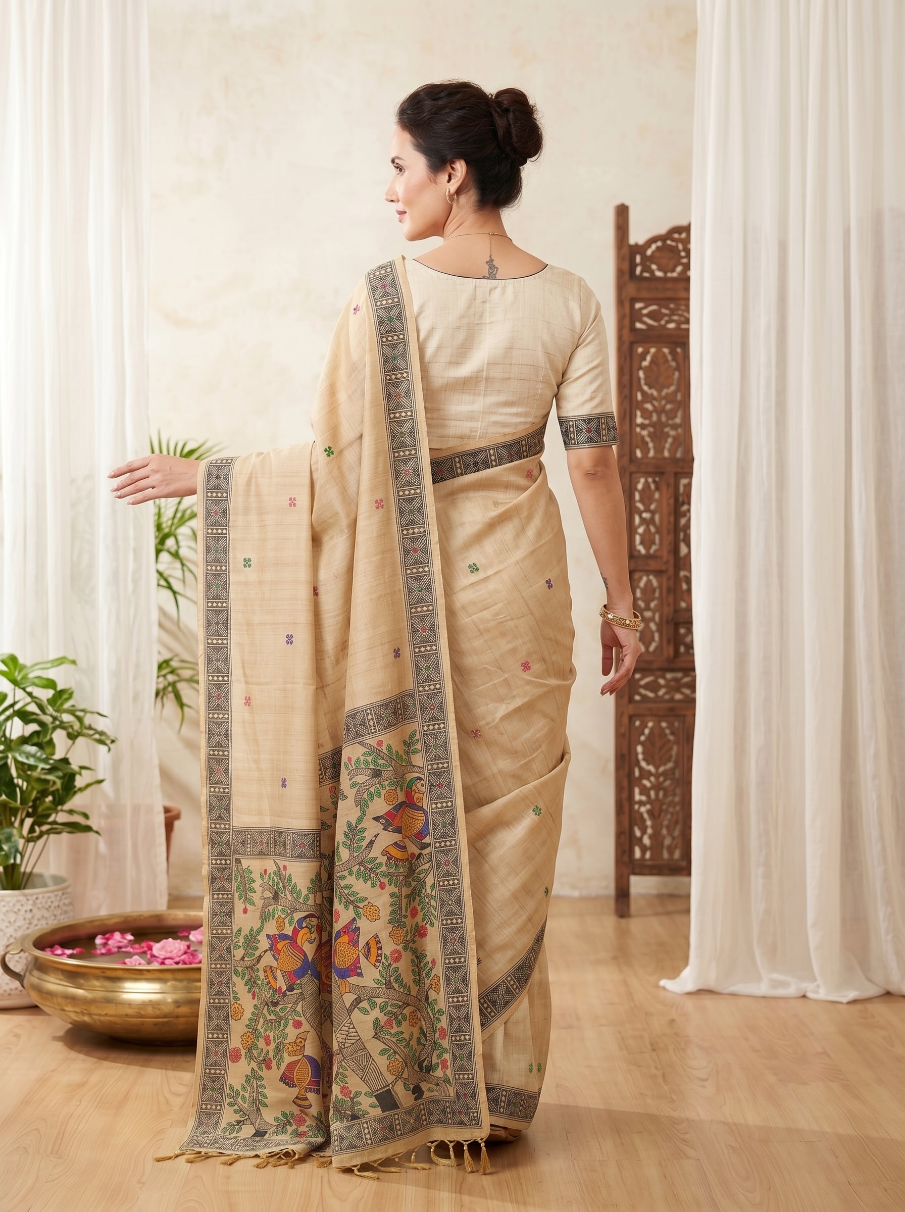 Chickoo Muga Cotton Saree For Women Madhubani Print Resham Weaving Soft Cotton Saree Traditional Handloom Saree With Blouse