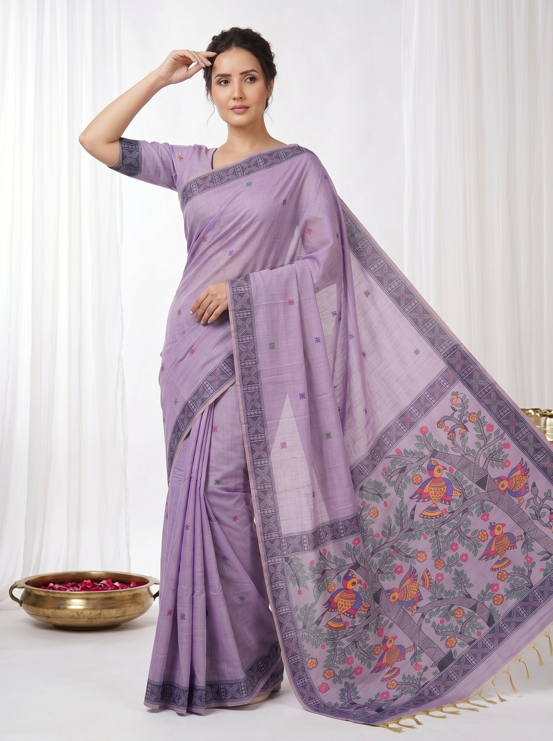 Lavender Muga Cotton Saree For Women Madhubani Print Resham Weaving Soft Cotton Saree Traditional Handloom Saree With Blouse