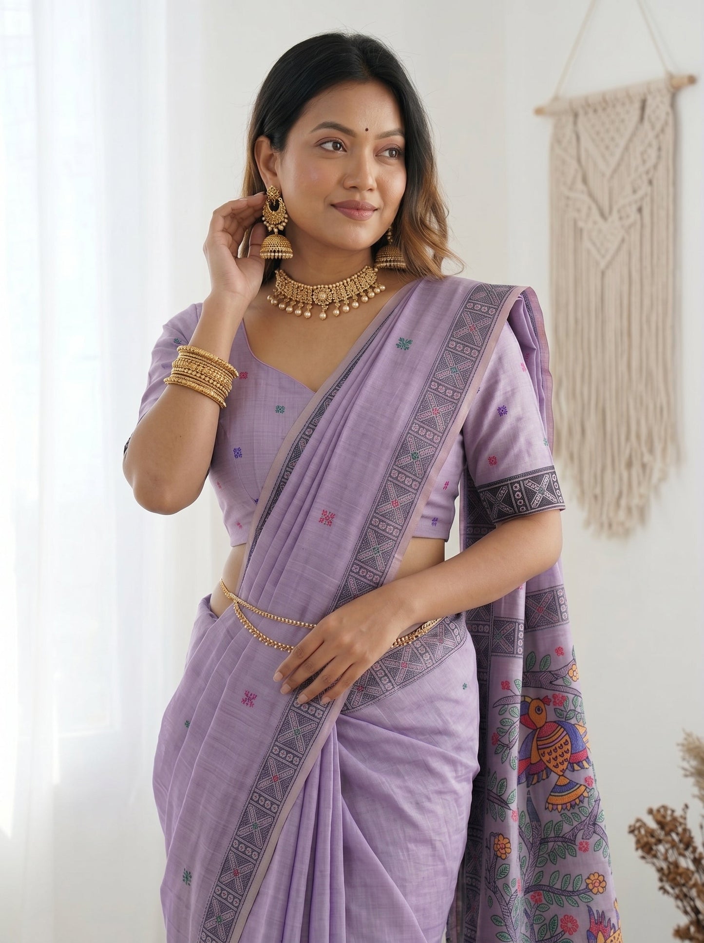Lavender Muga Cotton Saree For Women Madhubani Print Resham Weaving Soft Cotton Saree Traditional Handloom Saree With Blouse