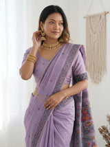 Lavender Muga Cotton Saree For Women Madhubani Print Resham Weaving Soft Cotton Saree Traditional Handloom Saree With Blouse
