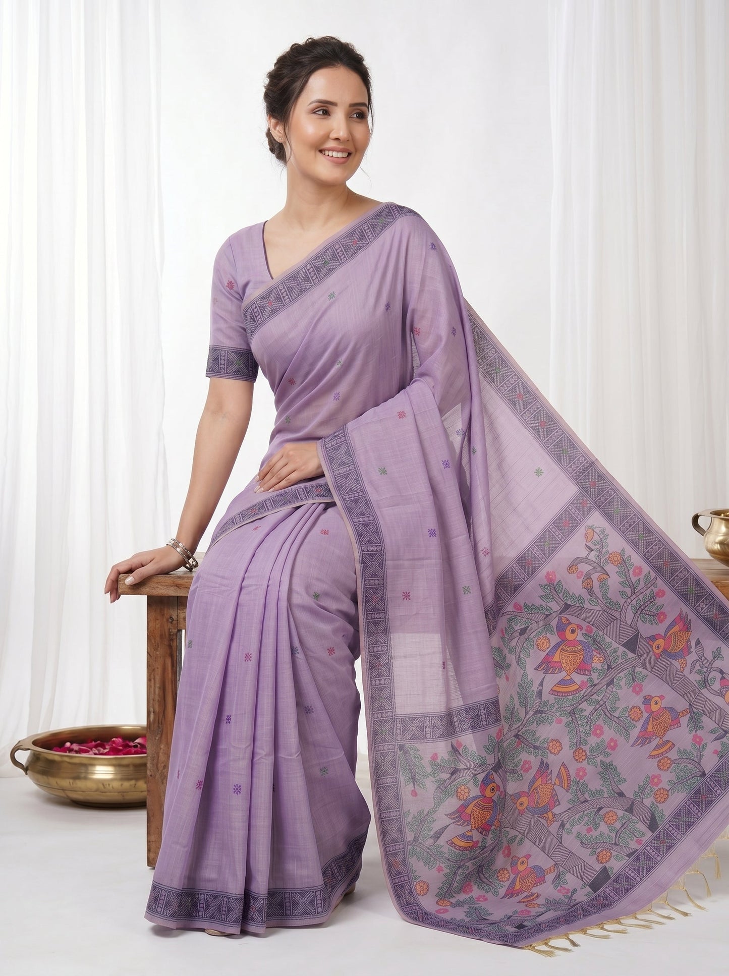 Lavender Muga Cotton Saree For Women Madhubani Print Resham Weaving Soft Cotton Saree Traditional Handloom Saree With Blouse