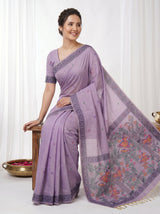 Lavender Muga Cotton Saree For Women Madhubani Print Resham Weaving Soft Cotton Saree Traditional Handloom Saree With Blouse