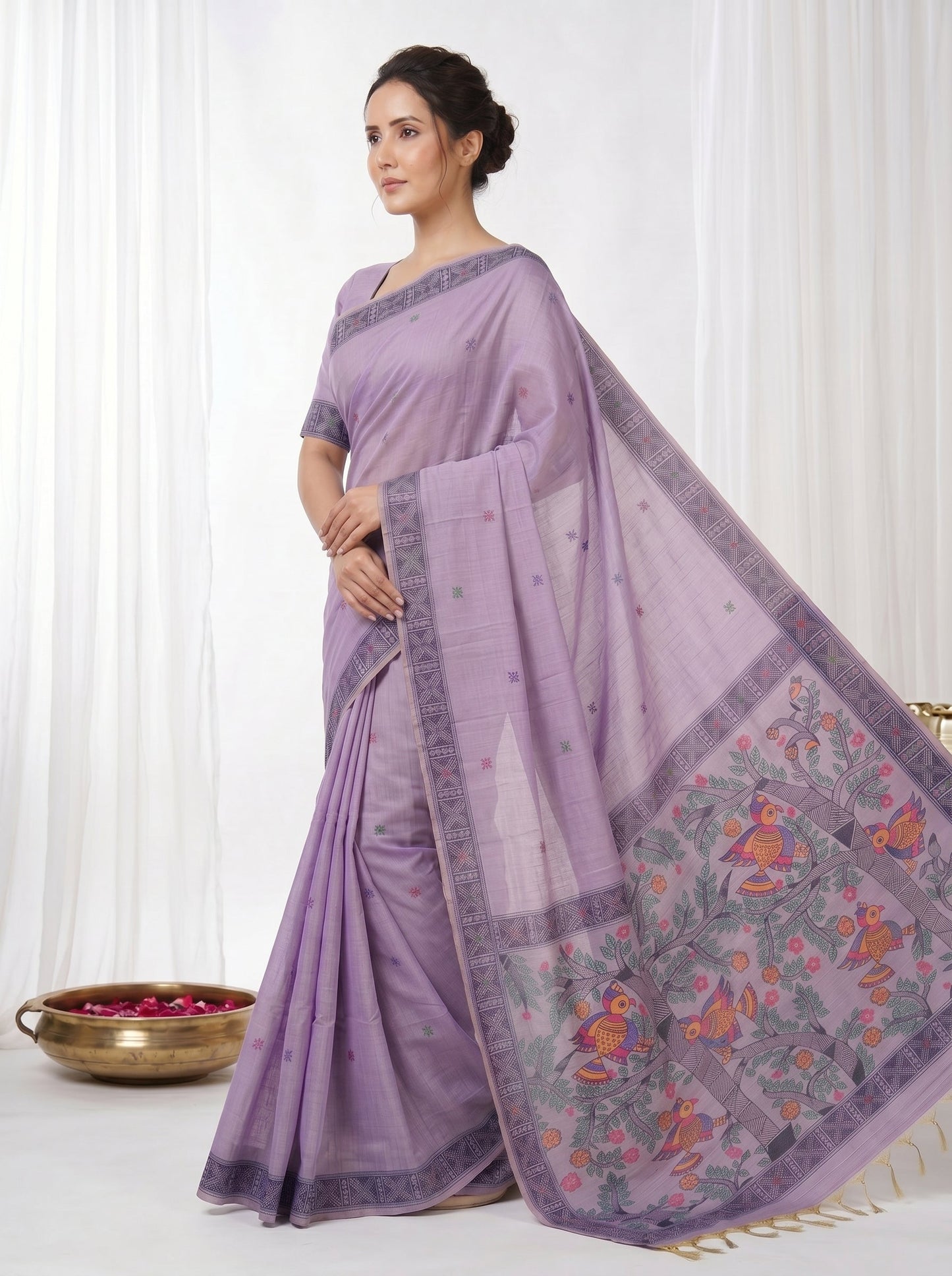 Lavender Muga Cotton Saree For Women Madhubani Print Resham Weaving Soft Cotton Saree Traditional Handloom Saree With Blouse
