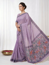 Lavender Muga Cotton Saree For Women Madhubani Print Resham Weaving Soft Cotton Saree Traditional Handloom Saree With Blouse