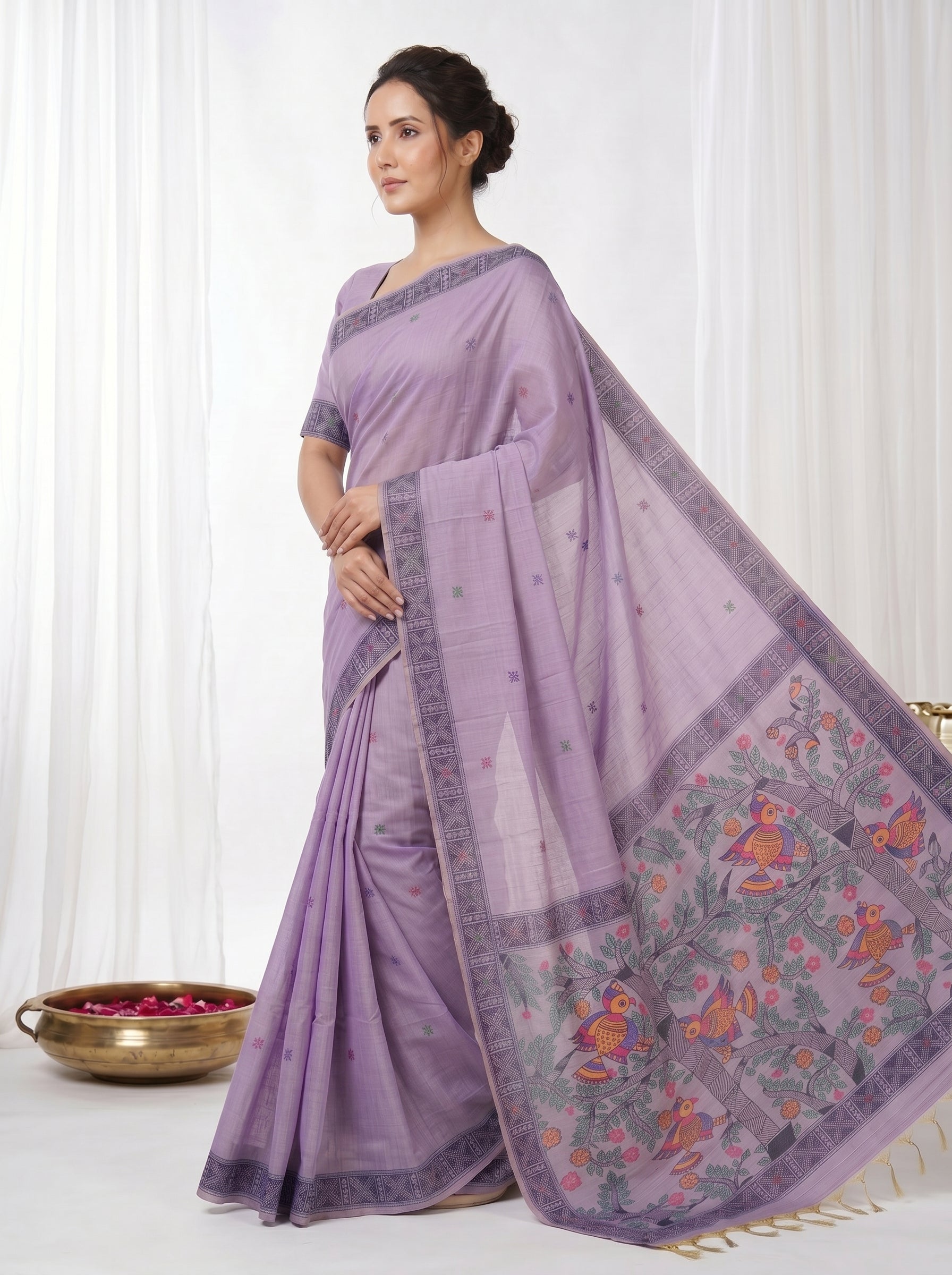 Lavender Muga Cotton Saree For Women Madhubani Print Resham Weaving Soft Cotton Saree Traditional Handloom Saree With Blouse