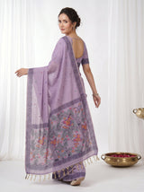 Lavender Muga Cotton Saree For Women Madhubani Print Resham Weaving Soft Cotton Saree Traditional Handloom Saree With Blouse