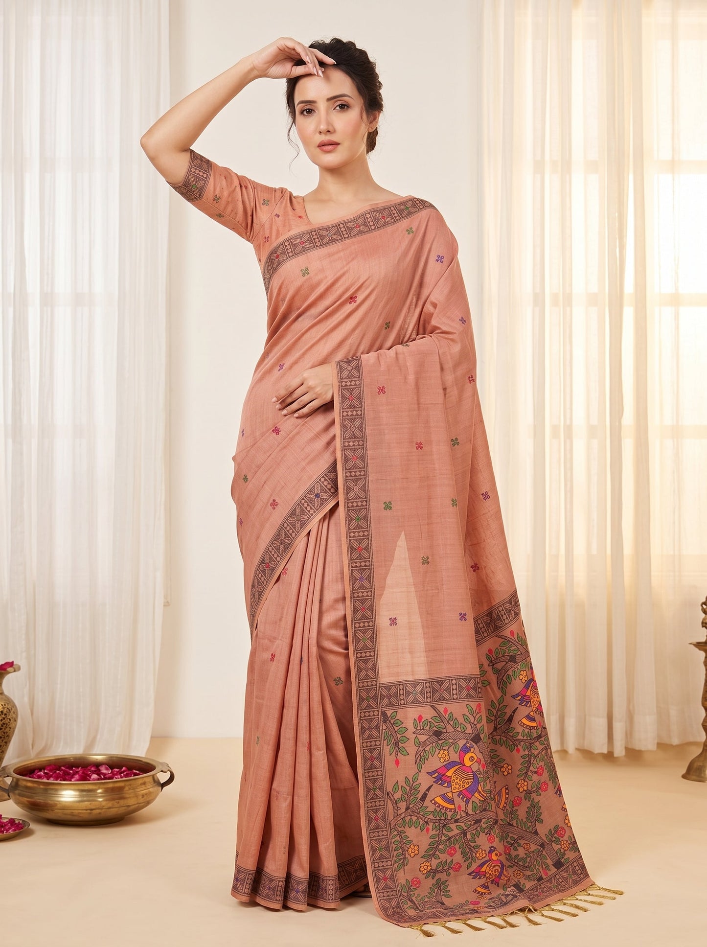 Peach Muga Cotton Saree For Women Madhubani Print Resham Weaving Soft Cotton Saree Traditional Handloom Saree With Blouse