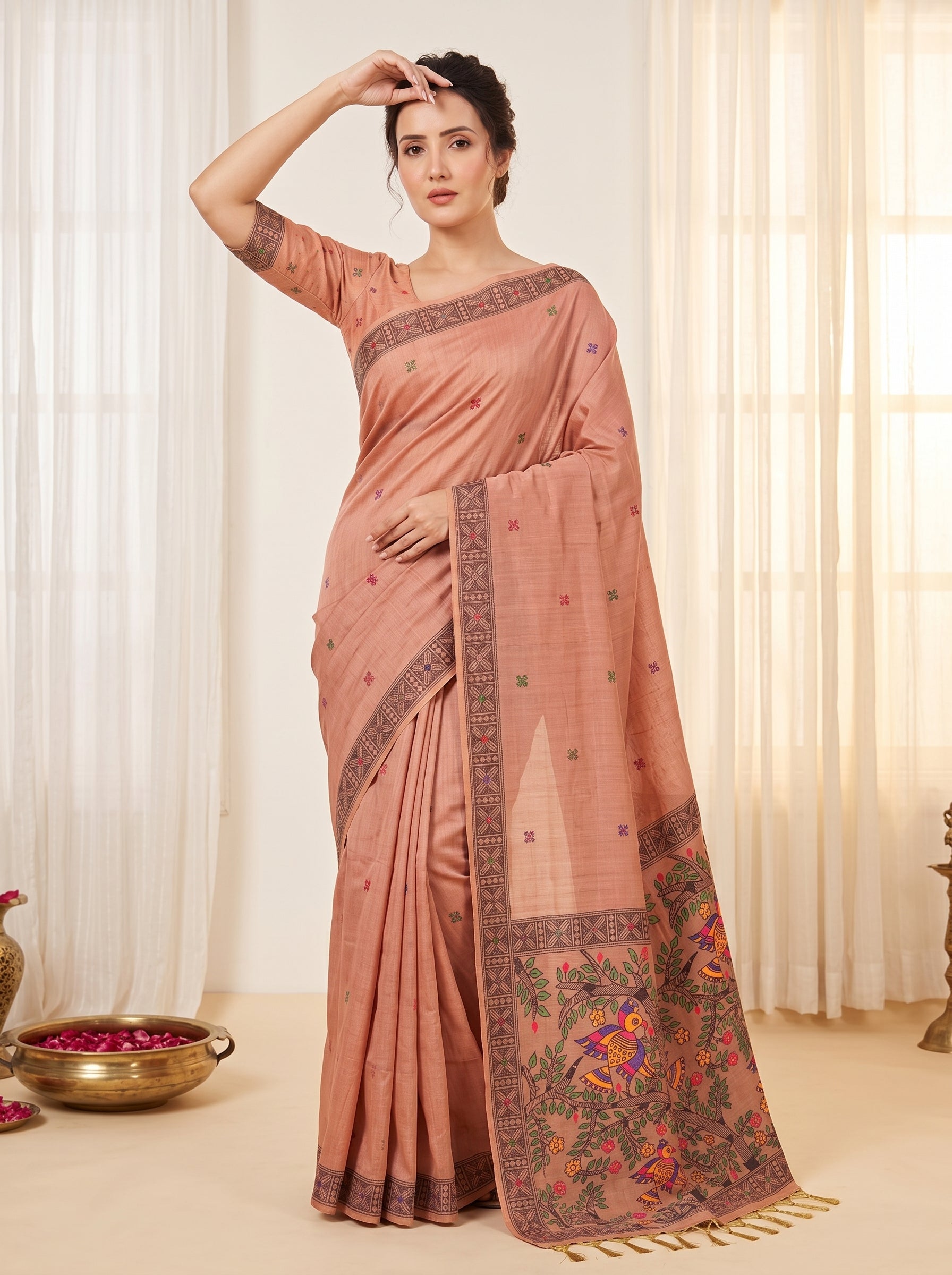 Peach Muga Cotton Saree For Women Madhubani Print Resham Weaving Soft Cotton Saree Traditional Handloom Saree With Blouse