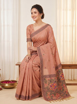 Peach Muga Cotton Saree For Women Madhubani Print Resham Weaving Soft Cotton Saree Traditional Handloom Saree With Blouse
