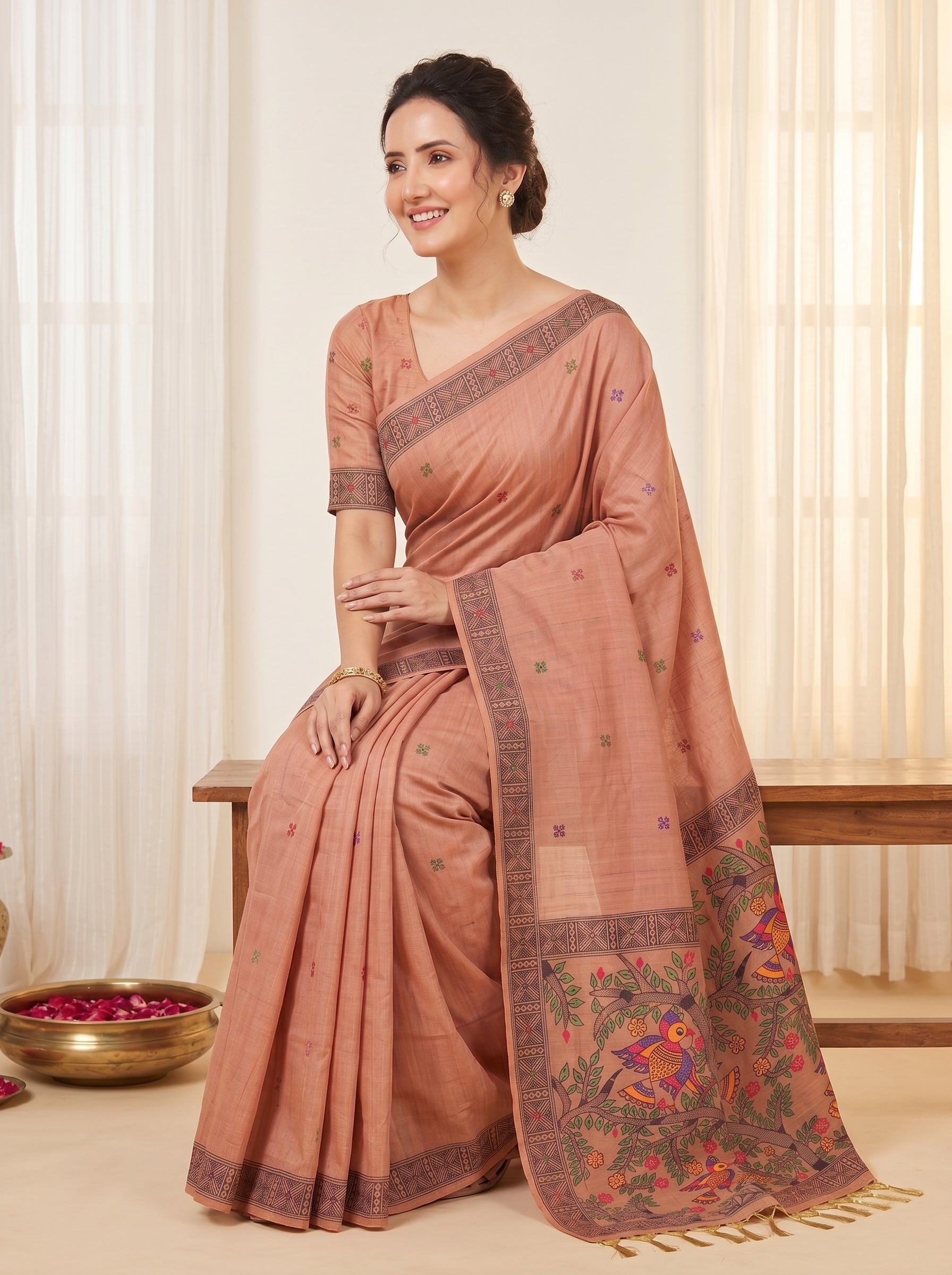Peach Muga Cotton Saree For Women Madhubani Print Resham Weaving Soft Cotton Saree Traditional Handloom Saree With Blouse