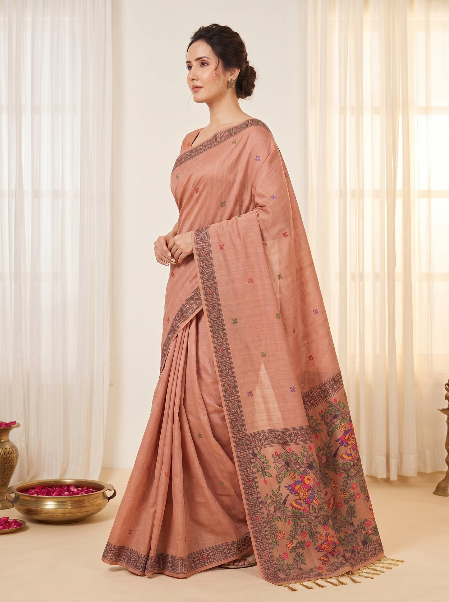 Peach Muga Cotton Saree For Women Madhubani Print Resham Weaving Soft Cotton Saree Traditional Handloom Saree With Blouse