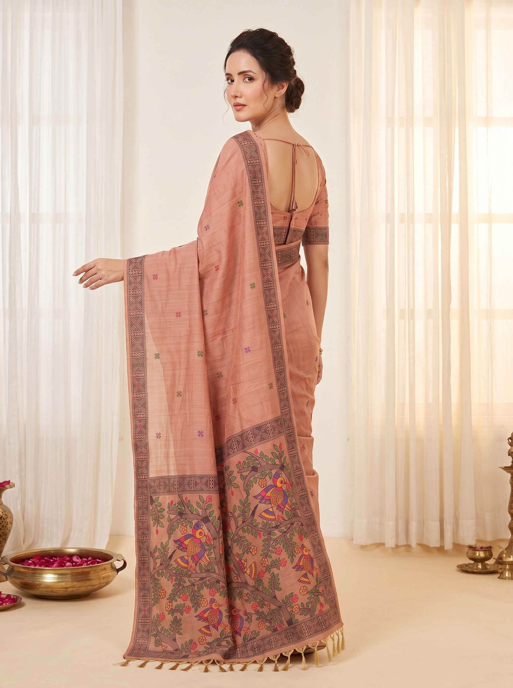 Peach Muga Cotton Saree For Women Madhubani Print Resham Weaving Soft Cotton Saree Traditional Handloom Saree With Blouse